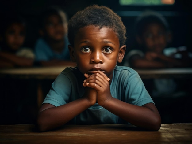 African kid in emotional dynamic pose in school
