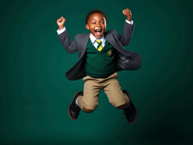 African kid in emotional dynamic pose in school