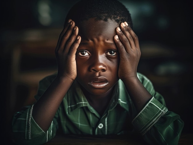 African kid in emotional dynamic pose in school