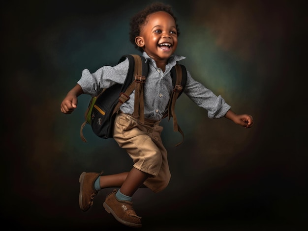 African kid in emotional dynamic pose in school