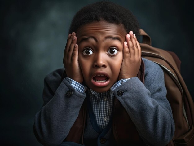 African kid in emotional dynamic pose in school