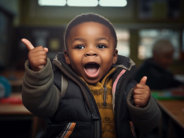 学校で感情的なダイナミックなポーズをとるアフリカの子供