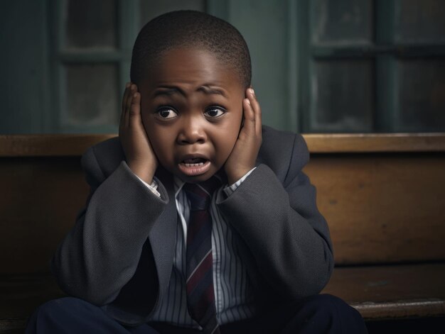 African kid in emotional dynamic pose in school