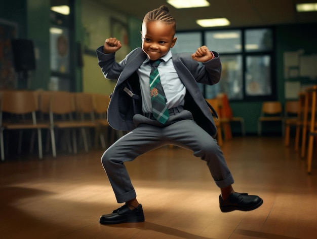 African kid in emotional dynamic pose in school