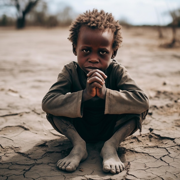 an african kid sat bent his knees at dry ground and hands closed on his face global warming