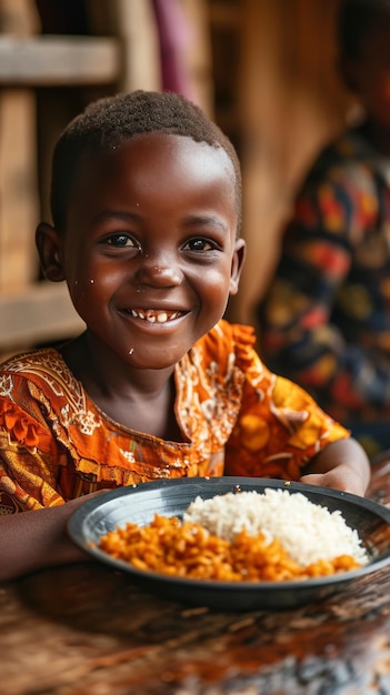 Photo an african kid smiling while eating rice with chicken ar 916 stylize 250 v 6 job id 292313d9119f44d7a783dd61aa381b36