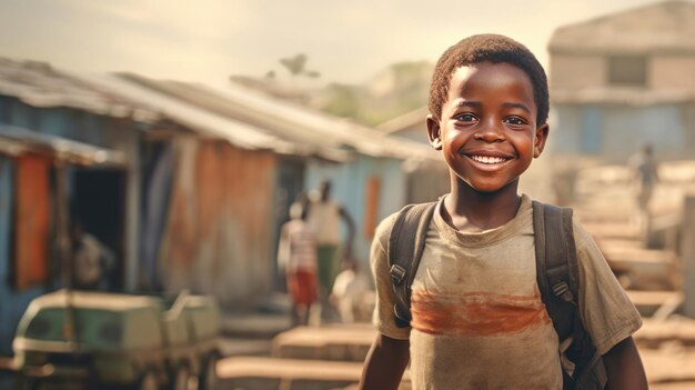 African kid with backpack is looking to camera and walking to school on dusty street Back to school