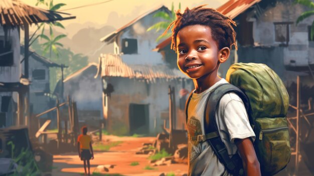 Африканский мальчик с рюкзаком смотрит в камеру и идет в школу по пыльной улице назад в школу