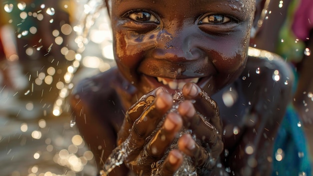 물을 가진 아프리카 아이 세계 물의 날 개념