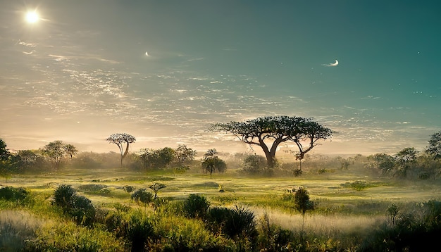 이른 아침에 아카시아 나무와 푸른 잔디가 있는 아프리카 풍경 3d 그림