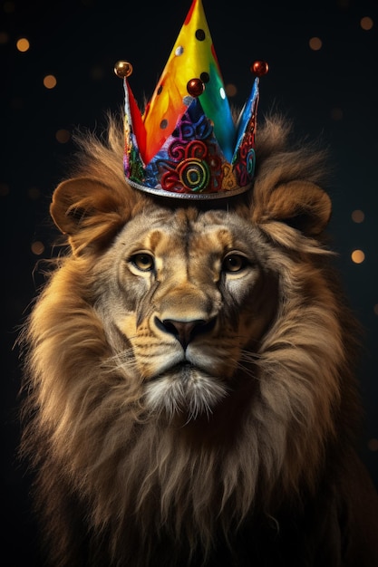 African Lion in a festive party hat for New Years isolated on a gradient background