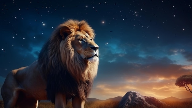 Premium Photo | African lion looking up on stars at night proud