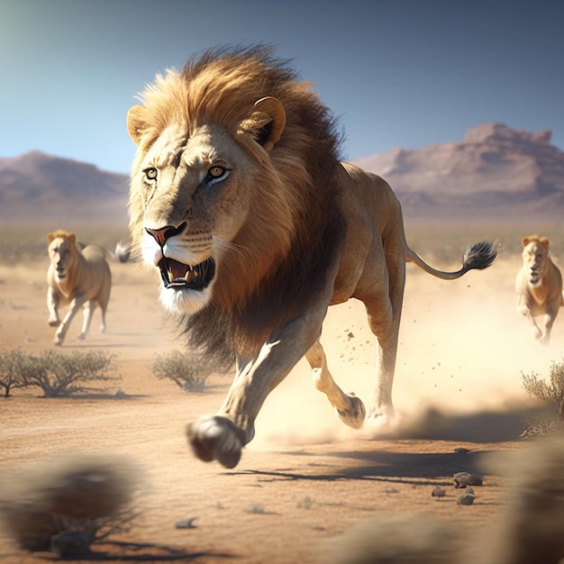 African Lion running hunt stock illustration image Ai generated art