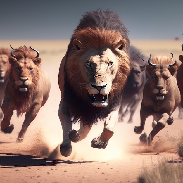 African Lion running hunt stock illustration image Ai generated art