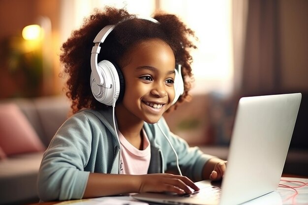 african little girl in headphones using a laptop and working at the table