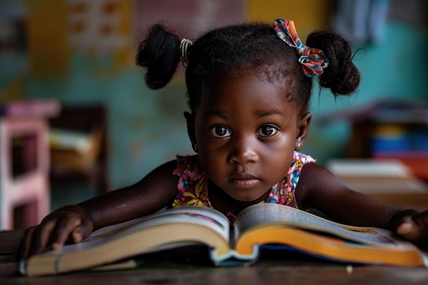 African little girl reading book classroom