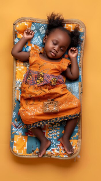 小さなマットレスに微笑んで眠っているアフリカの小さな女の子