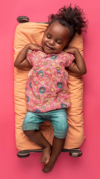 African little girl sleeping smiling on the small mattress