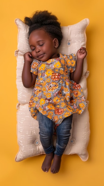 小さなマットレスに微笑んで眠っているアフリカの小さな女の子