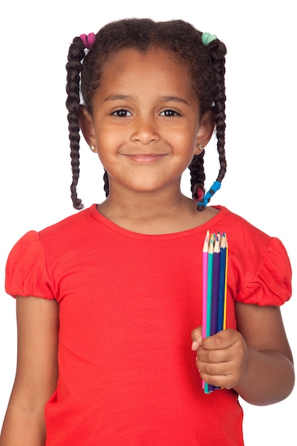 African little girl with crayons isolated on a over white