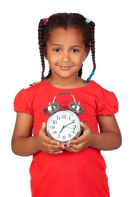 African little girl with a silvered clock isolated on a over white