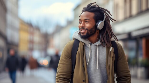 Photo african male dreadlock hairstyle happiness wearing wireless headphone walking in the city and town background