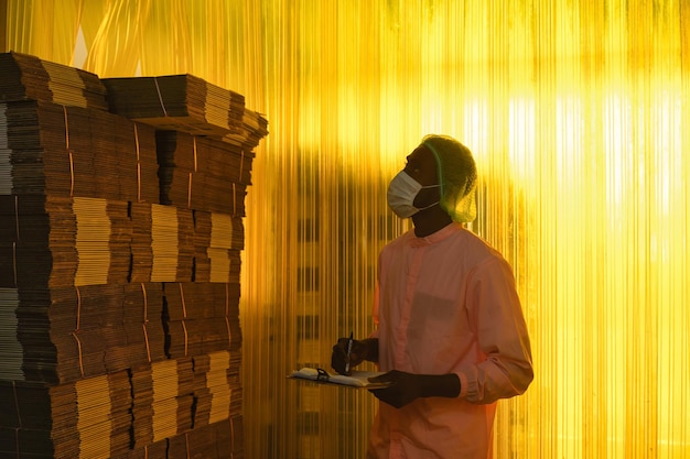 African male employee in sterile uniform checking with clipboard at stacked cardboard package stock in shipping warehouse at manufacturing factory