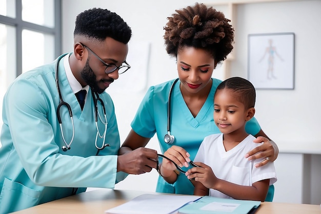 African male pediatrician hold stethoscope exam child boy patient visit doctor with mother black paediatrician check heart lungs of kid do pediatric checkup in hospital children medical care concept