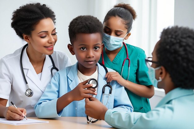 Photo african male pediatrician hold stethoscope exam child boy patient visit doctor with mother black paediatrician check heart lungs of kid do pediatric checkup in hospital children medical care concept