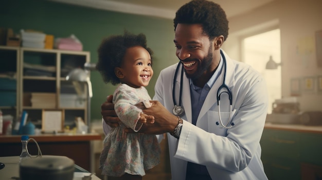 African male pediatrician holds stethoscope examination of children