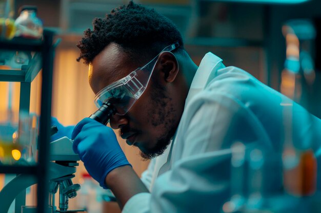 African male scientist working at the laboratory examines under microscope