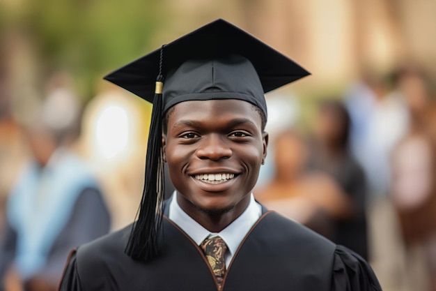 african male student in a black graduation gown and cap with other students generative AI