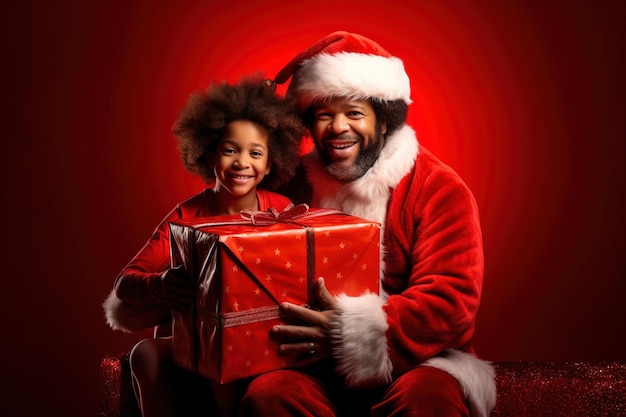 African man as Santa with son and gifts smiling at camera on red background