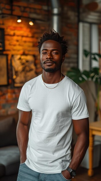 African man on background of modern loft colorful living room of house