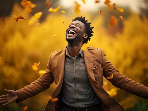 African man in emotional dynamic pose on autumn background