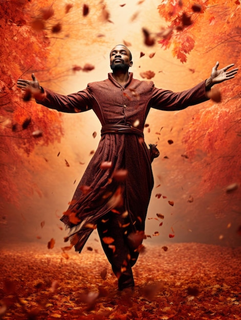 African man in emotional dynamic pose on autumn background