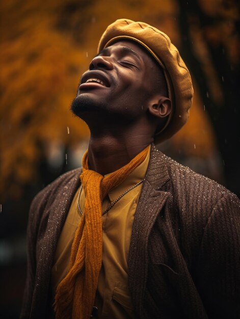 African man in emotional dynamic pose on autumn background