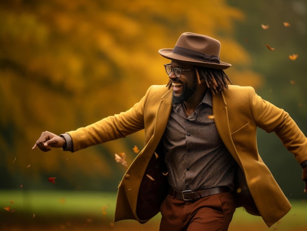 African man in emotional dynamic pose on autumn background