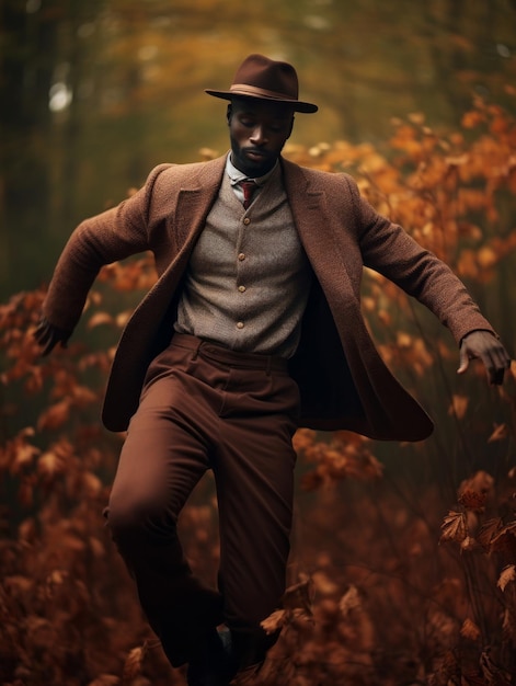 African man in emotional dynamic pose on autumn background