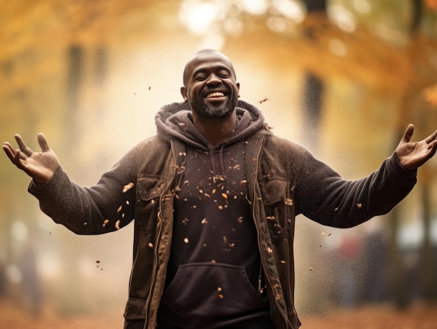 African man in emotional dynamic pose on autumn background