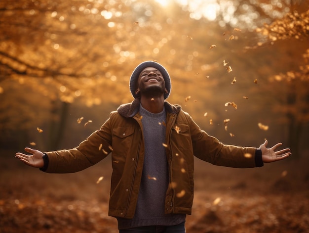 African man in emotional dynamic pose on autumn background