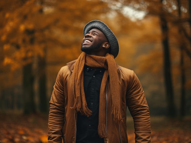 Африканский мужчина в эмоциональной динамичной позе на осеннем фоне