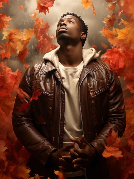 African man in emotional dynamic pose on autumn background