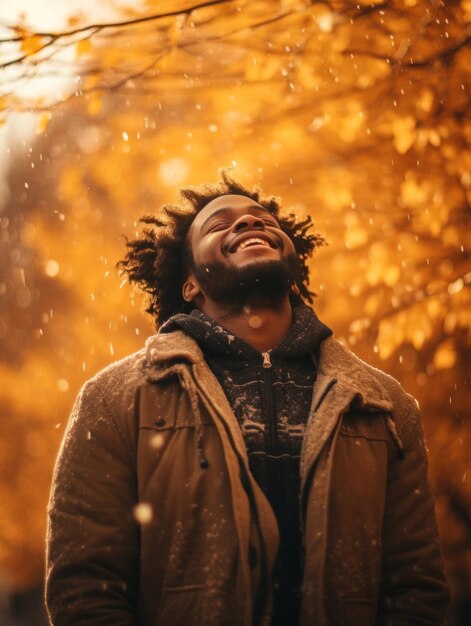 African man in emotional dynamic pose on autumn background