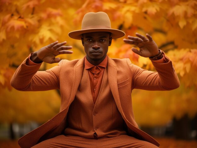 African man in emotional dynamic pose on autumn background