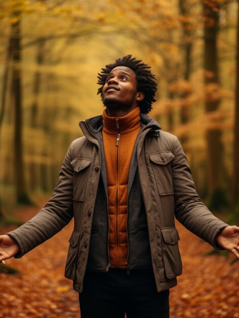 African man in emotional dynamic pose on autumn background