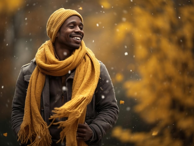 Африканский мужчина в эмоциональной динамичной позе на осеннем фоне