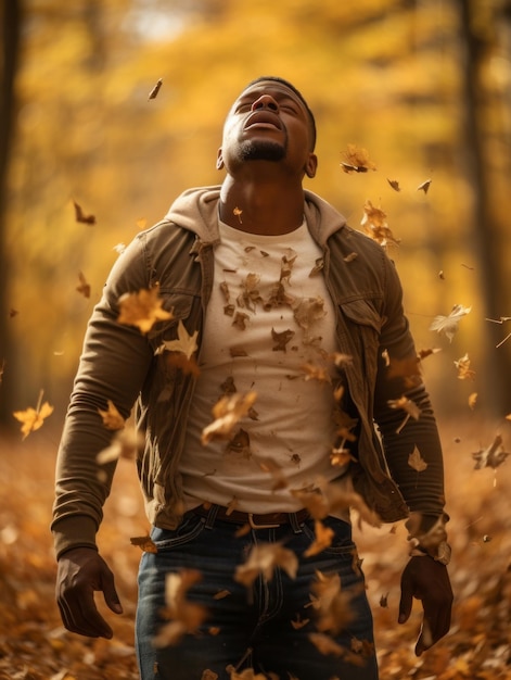 African man in emotional dynamic pose on autumn background