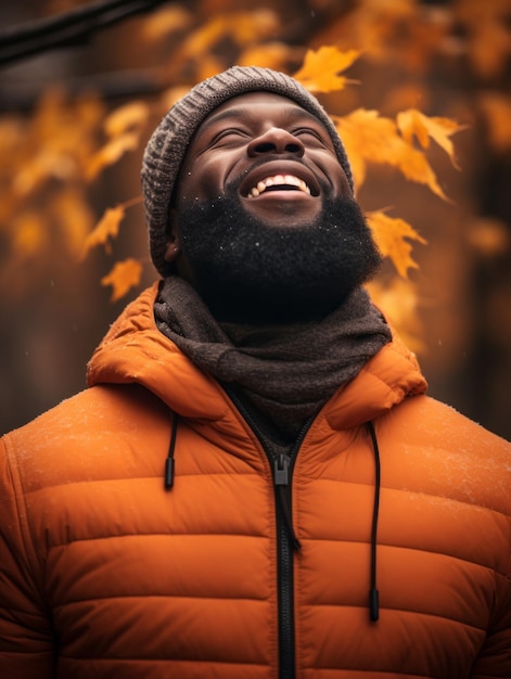 African man in emotional dynamic pose on autumn background