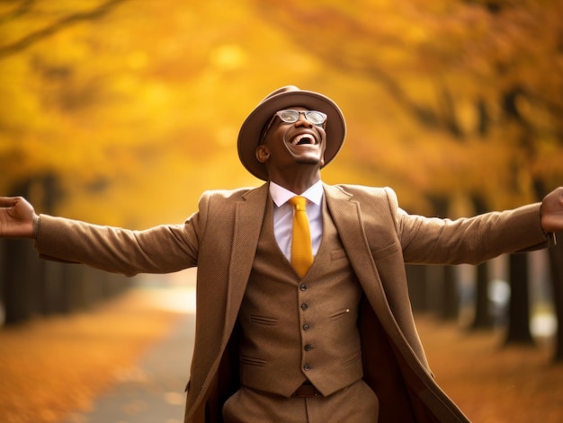 African man in emotional dynamic pose on autumn background